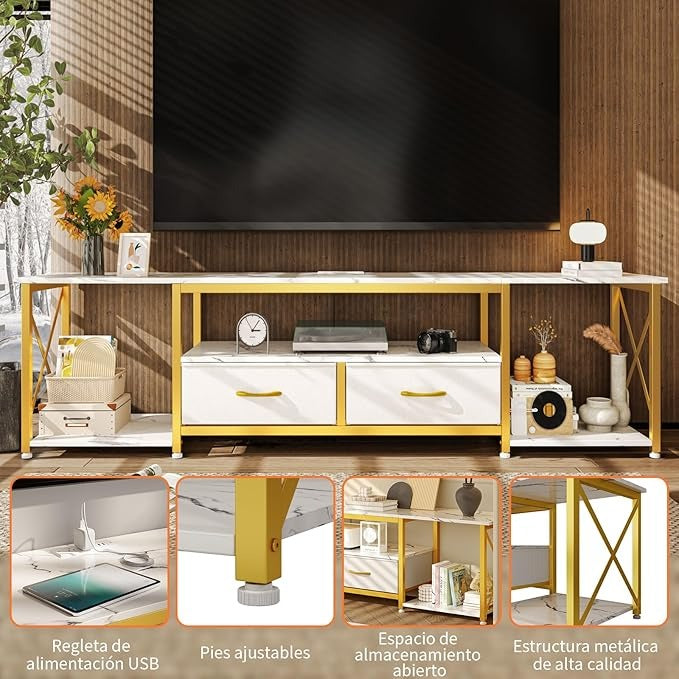 Simple Hogar Mueble TV 160CM – Blanco Mármol, con Regleta, 2 Cajones de Tela, para Televisor hasta 65 Pulgadas