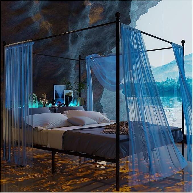 Cama Matrimonial con Mosquitera – Estructura 1.4M, Cabecero, Barra, 2 Puertos USB, Tomas de Carga y Luz LED