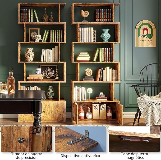 Librero Organizador en S Retro – 6 Pisos, con Puertas, para Sala, Estudio y Dormitorio (180x60x24 cm)