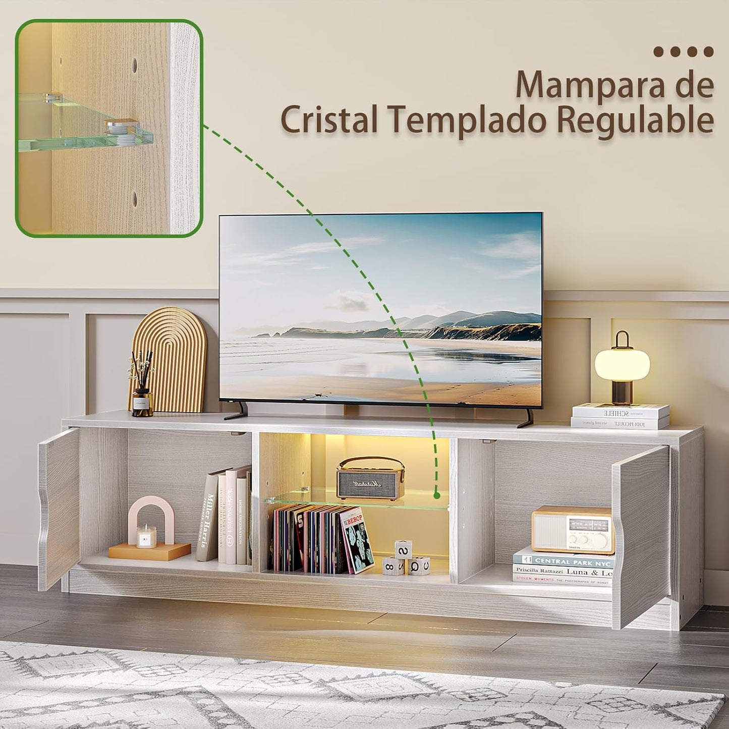 Mueble para TV, 120 CM TV Grande, con Vidrio Templado Luz LED Centro de Entretenimiento para TV, Mesa para TV de Madera de Alta Gama, Apto para Salón y Dormitorio