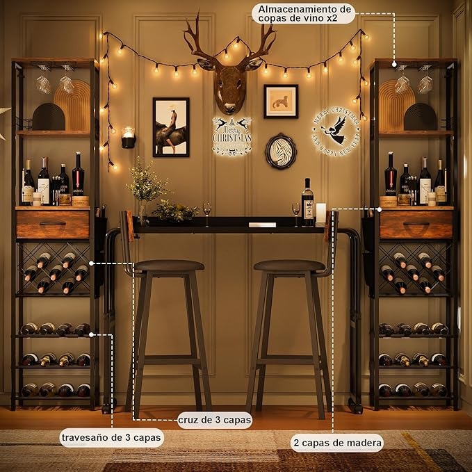 Estante de Vino de 1.7 m para Piso con Cajón y Bolsillos Laterales | Rack para Botellas y Barra de Vinos Moderna