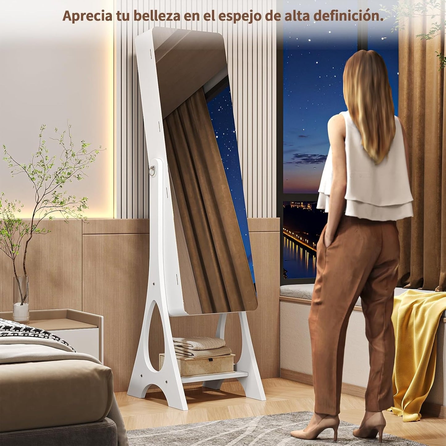 Espejo Joyero con Luces LED y Llave | Espejo Organizador de Pie y de Puerta con Almacenamiento para Joyería – 155×42×36 cm