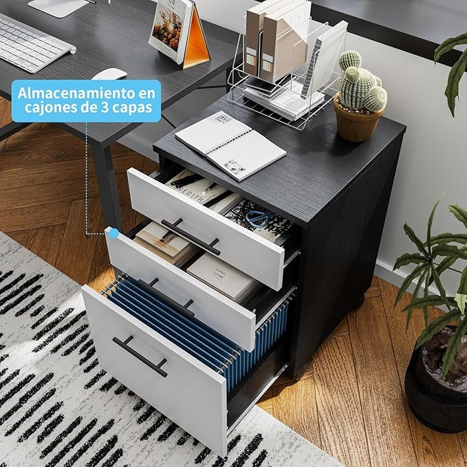 Archivero de Madera Blanco y Negro con 3 Cajones | Organizador de Oficina con Ruedas y Espacio para Impresora