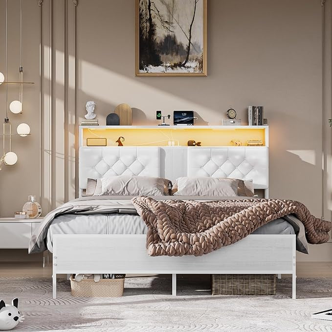 Base de Cama Matrimonial 1.4m con Cabecero Tapizado, Luces LED, 2 Salidas AC y 2 Puertos USB – Almacenamiento Incluido