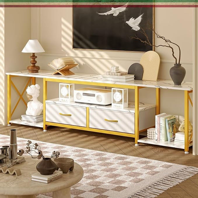 Simple Hogar Mueble TV 160CM – Blanco Mármol, con Regleta, 2 Cajones de Tela, para Televisor hasta 65 Pulgadas