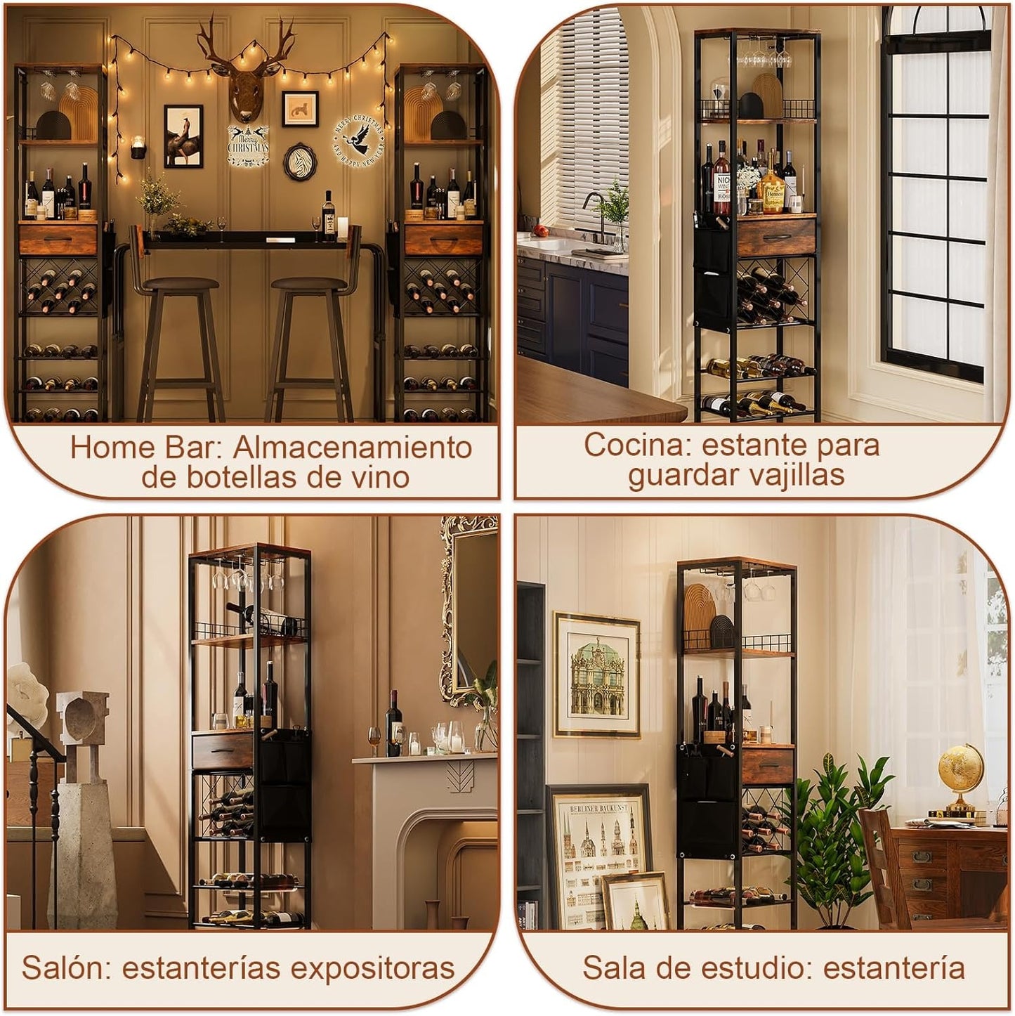 Estante de Vino de 1.7 m para Piso con Cajón y Bolsillos Laterales | Rack para Botellas y Barra de Vinos Moderna