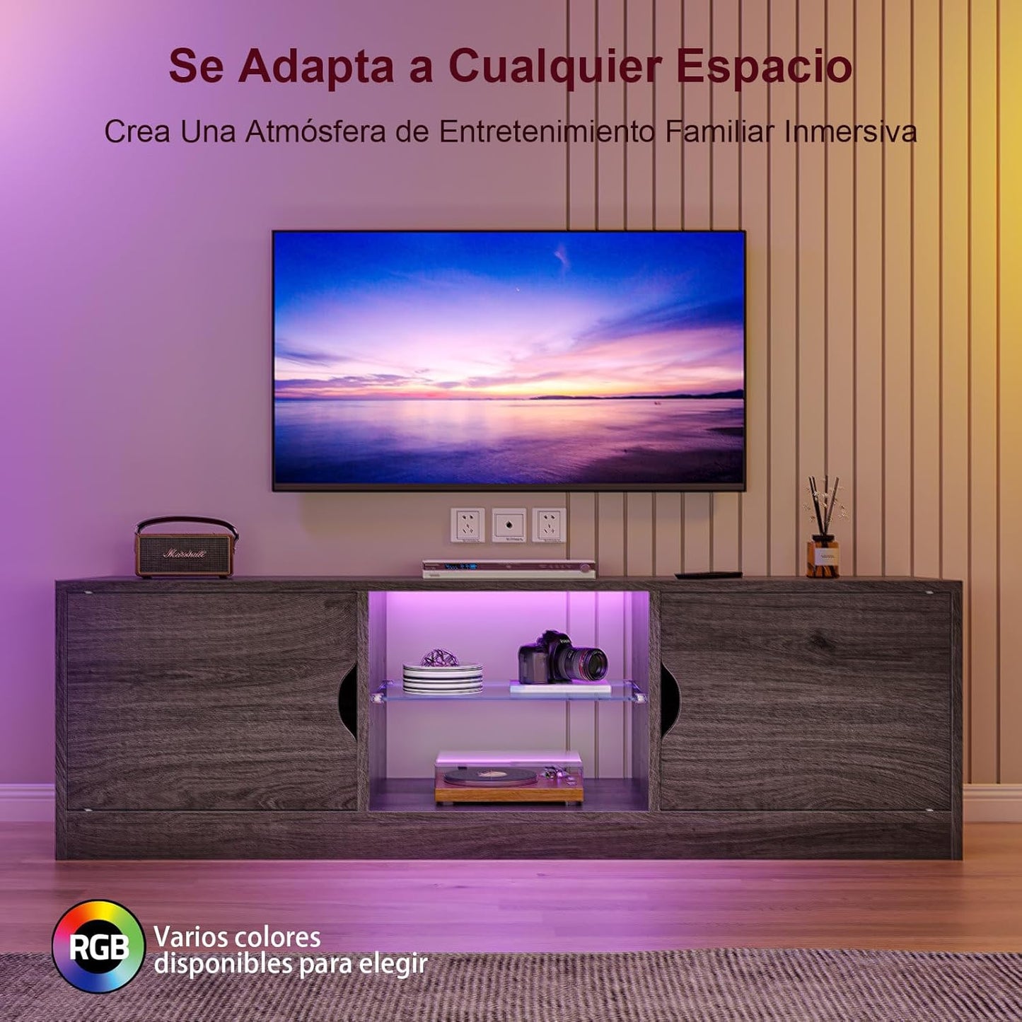 Mueble para TV, 120 CM TV Grande, con Vidrio Templado Luz LED Centro de Entretenimiento para TV, Mesa para TV de Madera de Alta Gama, Apto para Salón y Dormitorio