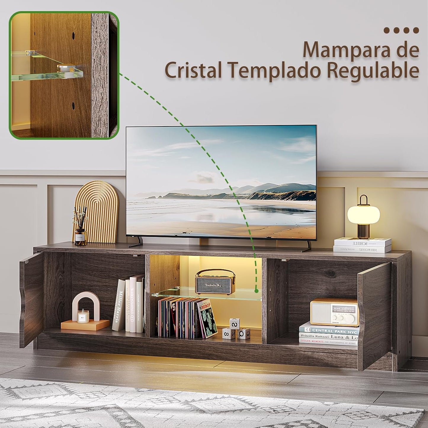 Mueble para TV, 120 CM TV Grande, con Vidrio Templado Luz LED Centro de Entretenimiento para TV, Mesa para TV de Madera de Alta Gama, Apto para Salón y Dormitorio