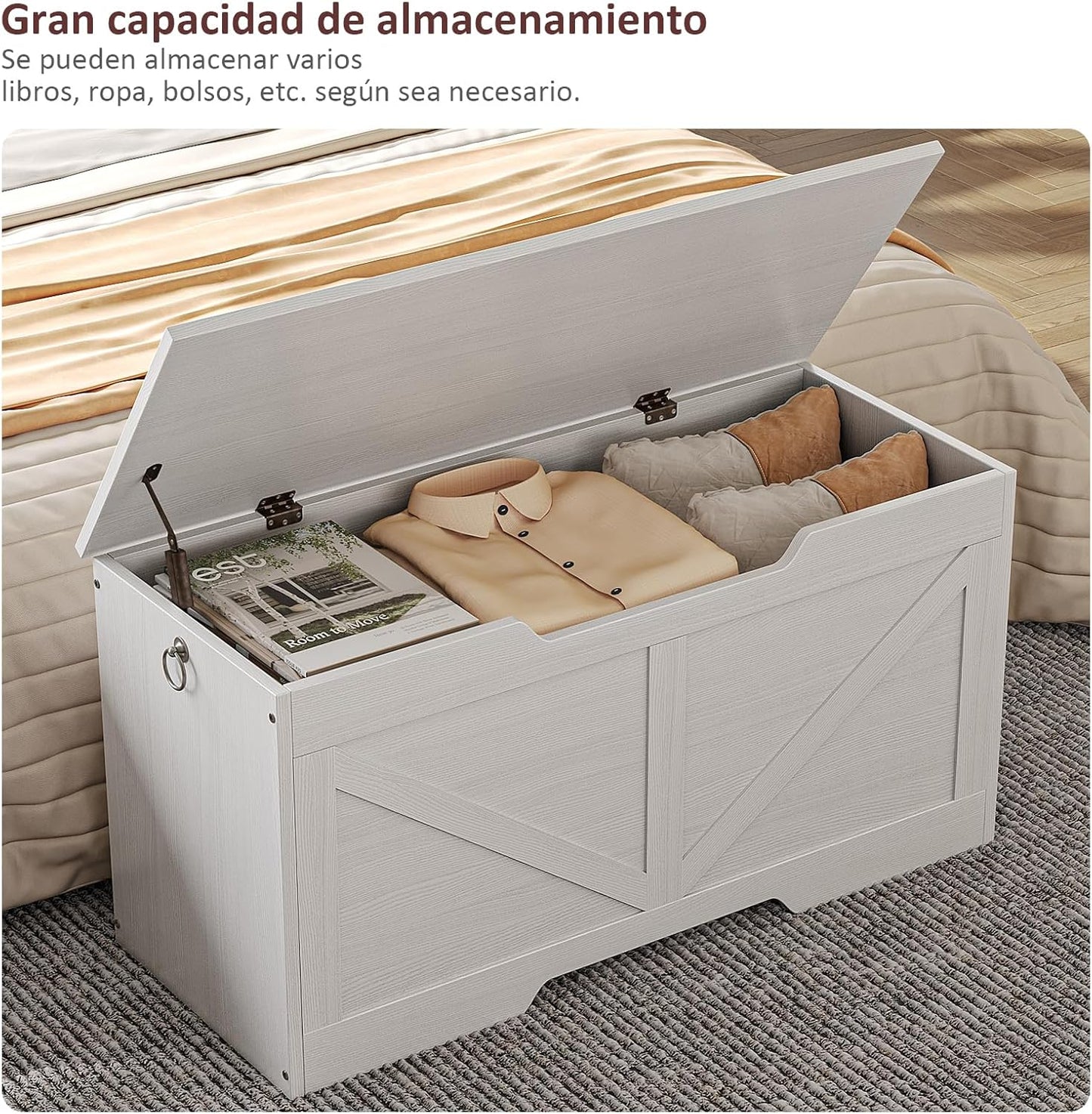 Baul De Almacenamiento,Con Bisagra De Seguridad Baul Para Juguetes,Baul Para Recamara,Adecuado Para Dormitorio y Sala De Estar,Baul De Almacenamiento Tamaño 100 * 50 * 40CM (Blanco)