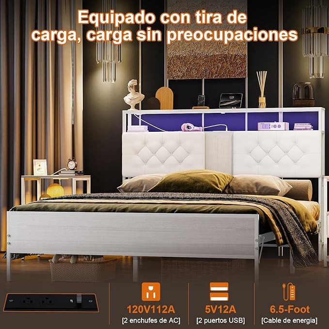 Base de Cama Matrimonial 1.4m con Cabecero Tapizado, Luces LED, 2 Salidas AC y 2 Puertos USB – Almacenamiento Incluido
