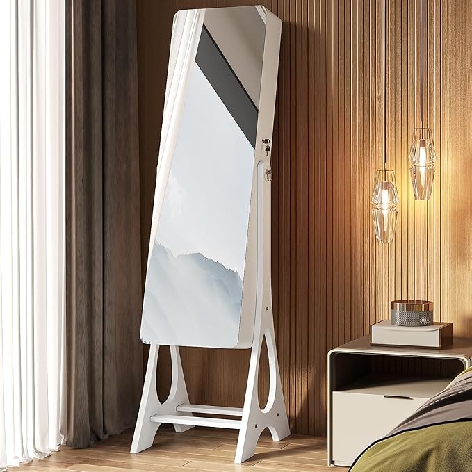 Espejo Joyero con Luces LED y Llave | Espejo Organizador de Pie y de Puerta con Almacenamiento para Joyería – 155×42×36 cm