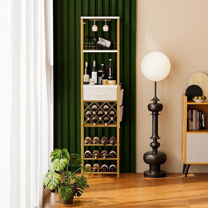 Estante de Vino de 1.7 m para Piso con Cajón y Bolsillos Laterales | Rack para Botellas y Barra de Vinos Moderna