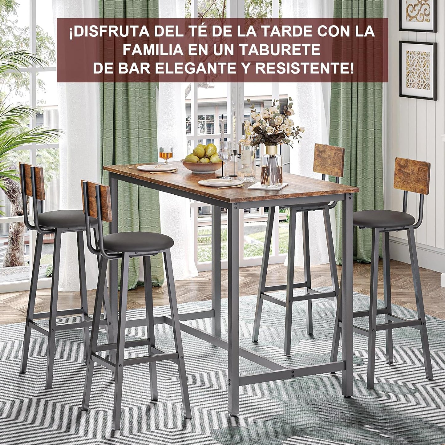 Bancos para Barra,Juego de 2 Taburetes de Bar,Bancos para Barra de Cocina de Madera de Hierro Vintage,Silla Alta de 96 CM para Bar,Cocina,Restaurante,Banco Alto con Tapizado de PU.