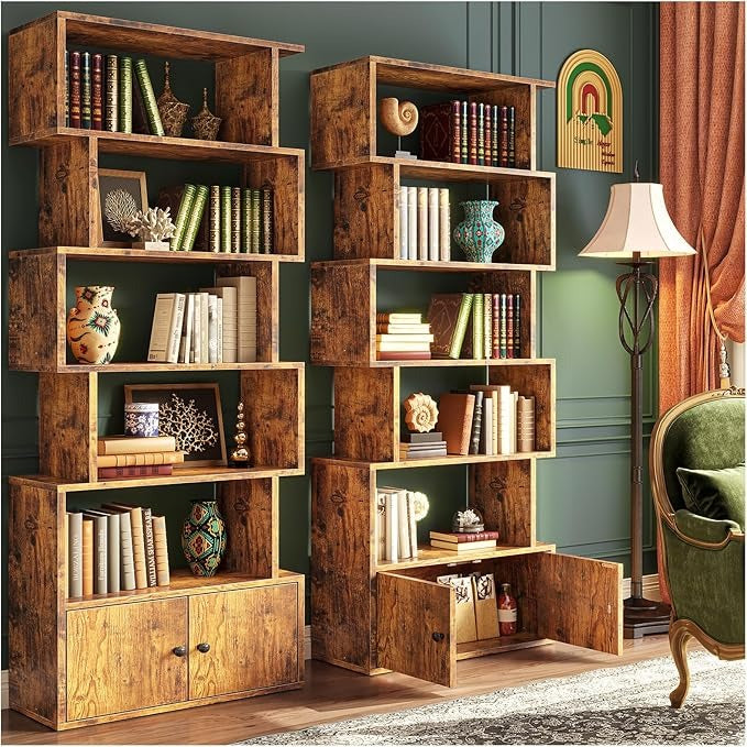 Librero Organizador en S Retro – 6 Pisos, con Puertas, para Sala, Estudio y Dormitorio (180x60x24 cm)