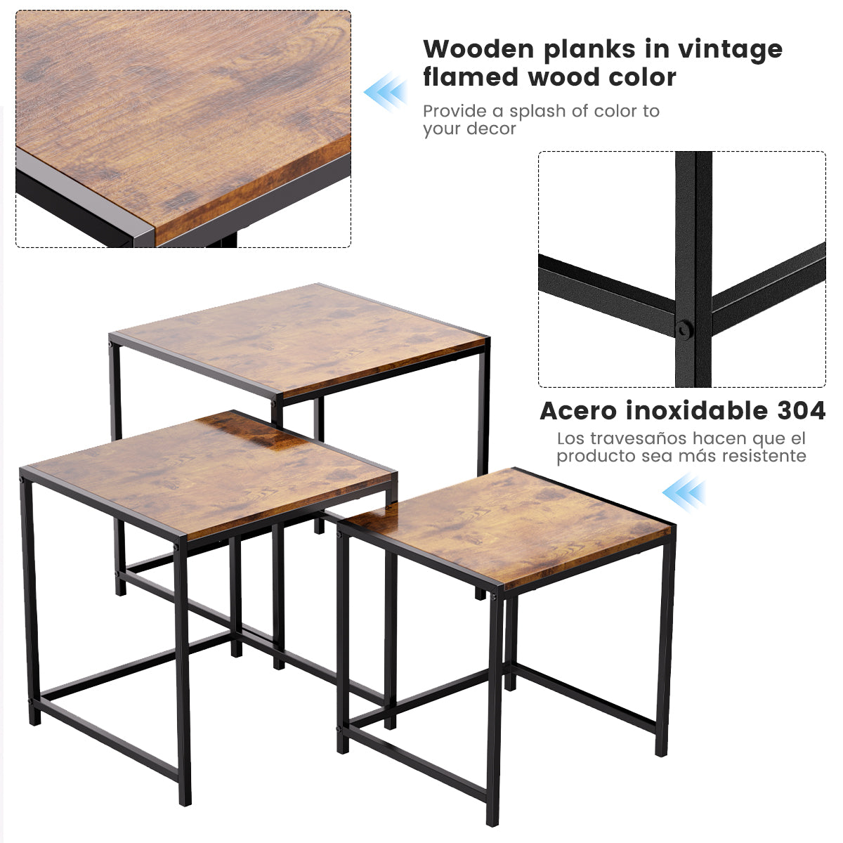 3 Paquetes Mesa de Centro,Mesa de Centro para Sala,apilable Mesa de Centro,Estilo de Casa de Campo de época.(Paquete de 3)