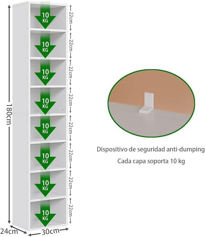 Librero Organizador de 8 Niveles, 180 cm Alto, Estilo Minimalista de Madera con Fijación a la Pared – Ideal para Sala, Cocina o Baño