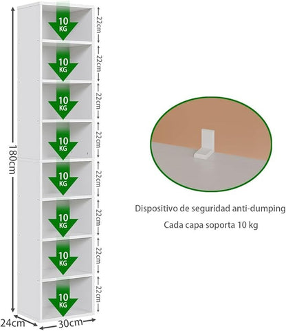 Librero Organizador de 8 Niveles, 180 cm Alto, Estilo Minimalista de Madera con Fijación a la Pared – Ideal para Sala, Cocina o Baño