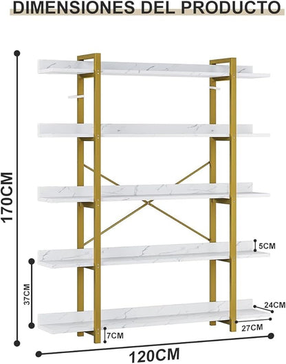 Simple Hogar Librero Organizador 5 Niveles para Sala, Estudio o Cocina – Estilo Contemporáneo, Madera y Metal, 170x120x24 cm, Cada Nivel Soporta 15 kg