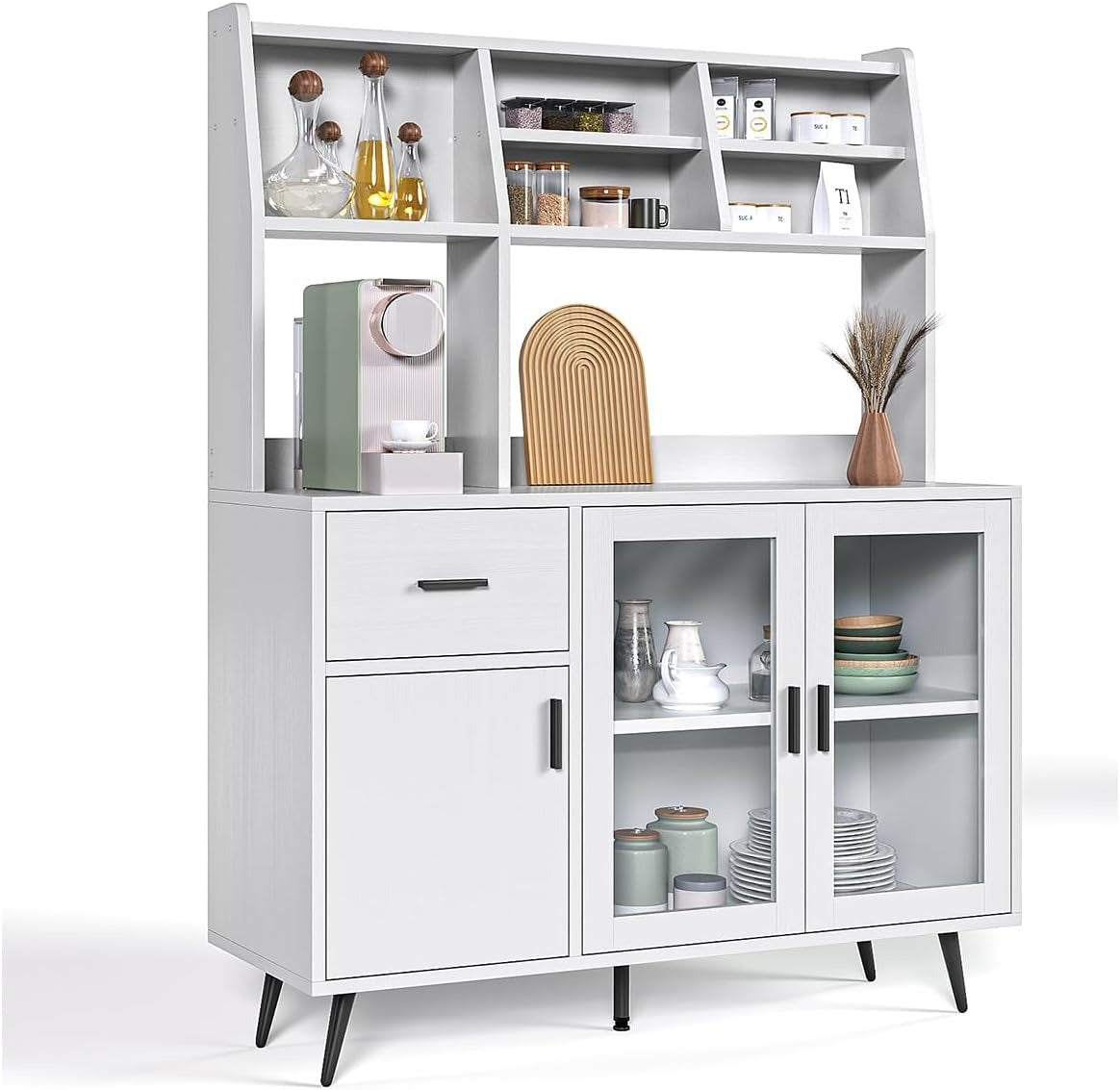 Alacena de Cocina Simple Hogar – Gabinete Multiusos con Puertas de Cristal Templado y Cajones de Madera, Compacto y Fácil de Instalar