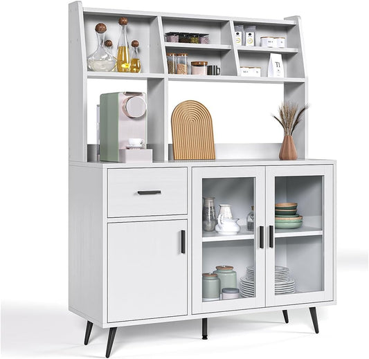 Alacena de Cocina Simple Hogar – Gabinete Multiusos con Puertas de Cristal Templado y Cajones de Madera, Compacto y Fácil de Instalar