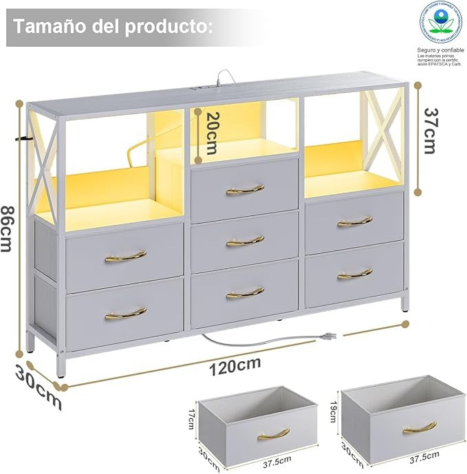 Cajonera Tocador con Luz LED y Enchufe | Mueble Organizador con 7 Cajones de Tela para Recámara Moderna
