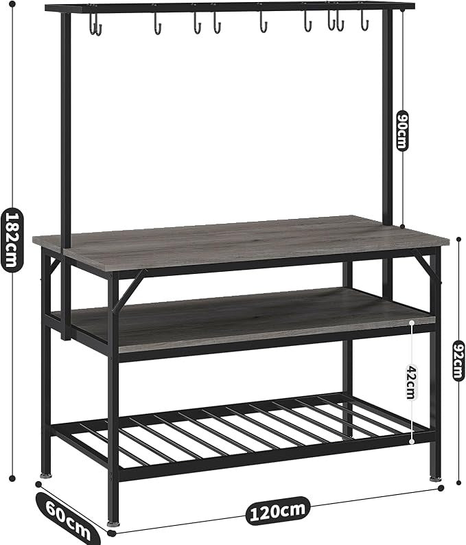 Mueble de Cocina 3 Niveles – Isla de Cocina con Tablero de Madera, 10 Ganchos, Agarradera y Fácil de Montar (120x60 cm)