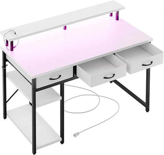 Escritorio Minimalista con 3 Cajones – Oficina, con Luz LED, Regleta y Soporte para Monitor, 120×48×80 cm (Blanco y Negro)