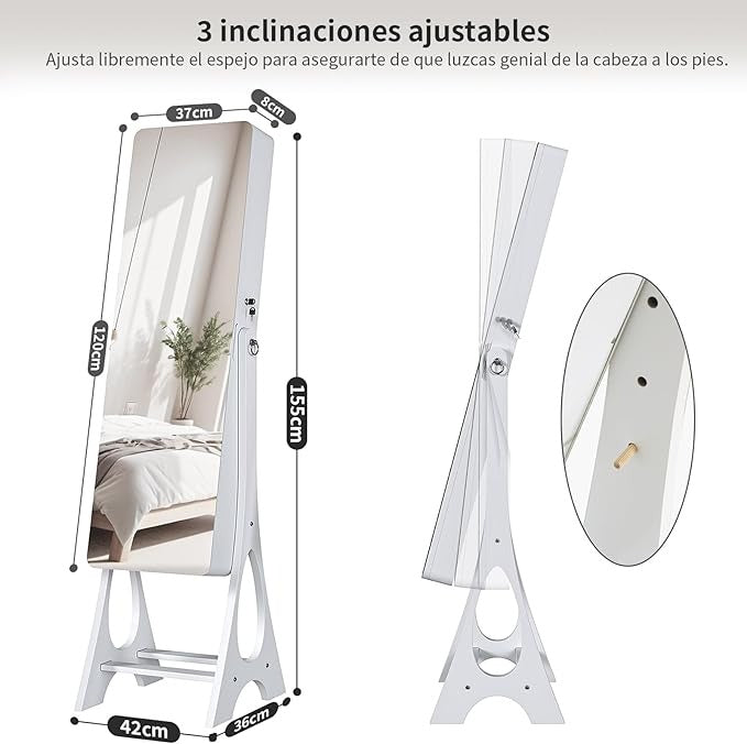 Espejo Joyero con Luces LED y Llave | Espejo Organizador de Pie y de Puerta con Almacenamiento para Joyería – 155×42×36 cm
