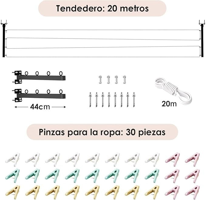 HOYRR Tendedero Plegable de Pared – Retráctil, 20 m de Cuerda, 30 Clips, Ideal para Dormitorios, Balcones y Espacios Pequeños