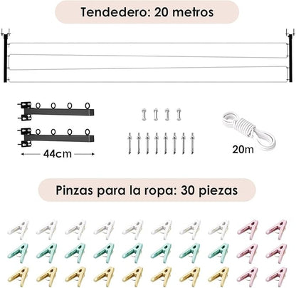 HOYRR Tendedero Plegable de Pared – Retráctil, 20 m de Cuerda, 30 Clips, Ideal para Dormitorios, Balcones y Espacios Pequeños