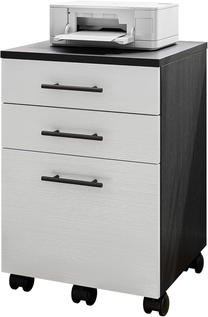 Archivero de Madera Blanco y Negro con 3 Cajones | Organizador de Oficina con Ruedas y Espacio para Impresora