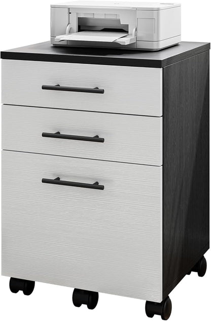 Archivero de Madera Blanco y Negro con 3 Cajones | Organizador de Oficina con Ruedas y Espacio para Impresora