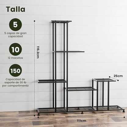 Soporte de Plantas de Metal de 5 Niveles – Estante Multifuncional para Interior y Exterior, Jardín, Balcón o Terraza, Marco Decorativo Negro