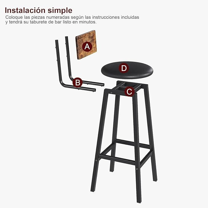 Juego de 2 Bancos para Barra Altos de 96 cm – Estilo Vintage de Madera y Hierro con Asiento de PU, Ideal para Cocina, Bar o Restaurante