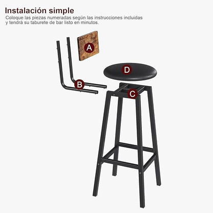 Juego de 2 Bancos para Barra Altos de 96 cm – Estilo Vintage de Madera y Hierro con Asiento de PU, Ideal para Cocina, Bar o Restaurante