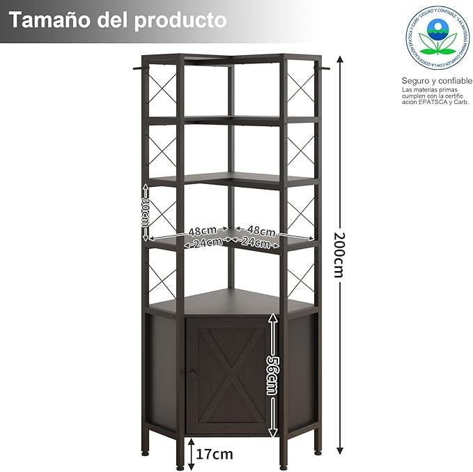 Librero Esquinero de 5 Niveles con Puerta | Mueble Organizador de Almacenaje 200cm | Estilo Minimalista para Hogar u Oficina