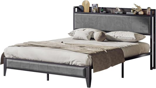 Base de Cama Matrimonial con Cabecera Acolchonada y Toma de Corriente | Cama 1.4 m con Almacenamiento, Tela Tipo Lino – Color Gris