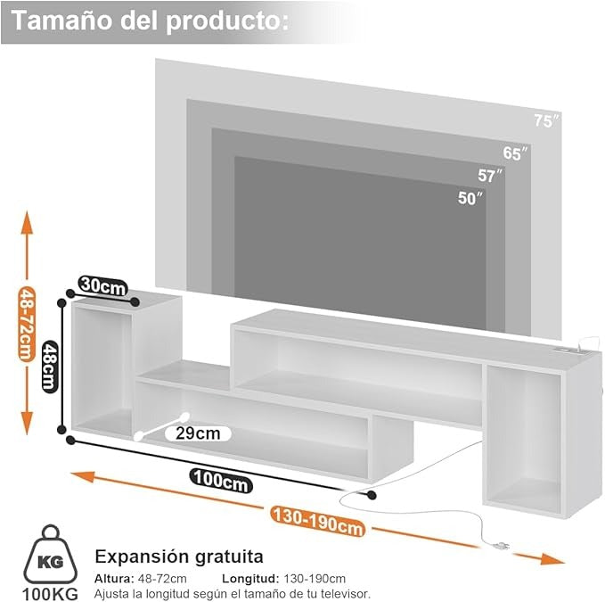 Mueble TV Expandible en Doble L Simple Wisdom – LED Controlable por App, Modular DIY, Almacenaje Amplio y Minimalista 48x100x30cm