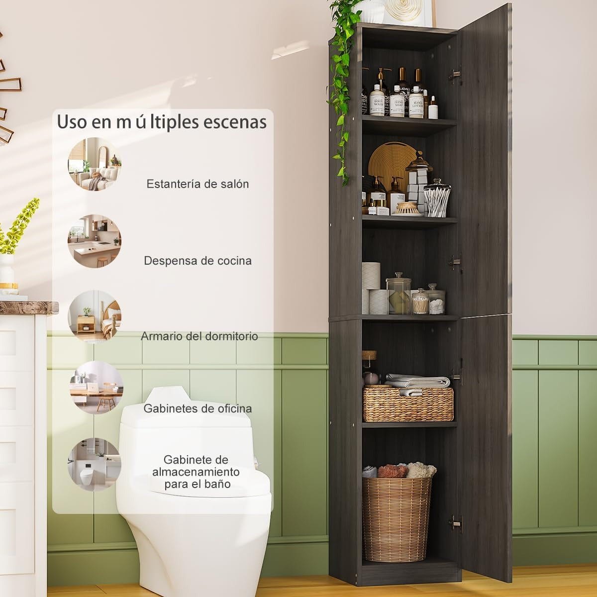 Mueble Organizador de 5 Niveles con Puertas | Librero Estrecho de Madera para Cocina, Sala o Despensa