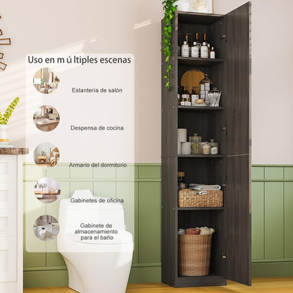 Mueble Organizador de 5 Niveles con Puertas | Librero Estrecho de Madera para Cocina, Sala o Despensa