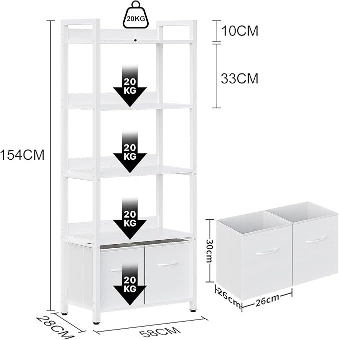 Librero Minimalista de 5 Niveles con Respaldo Semicerrado – Grande 155cm, con Cajón de Tela, Ideal para Dormitorio y Sala de Estar (Blanco)