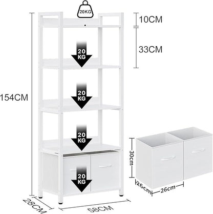 Librero Minimalista de 5 Niveles con Respaldo Semicerrado – Grande 155cm, con Cajón de Tela, Ideal para Dormitorio y Sala de Estar (Blanco)
