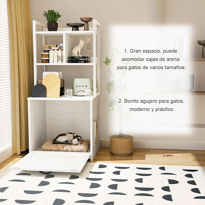 Mueble Arenero para Gato – Casa para Gatos con Caja de Arena Grande y Estante de 2 Niveles para Almacenaje