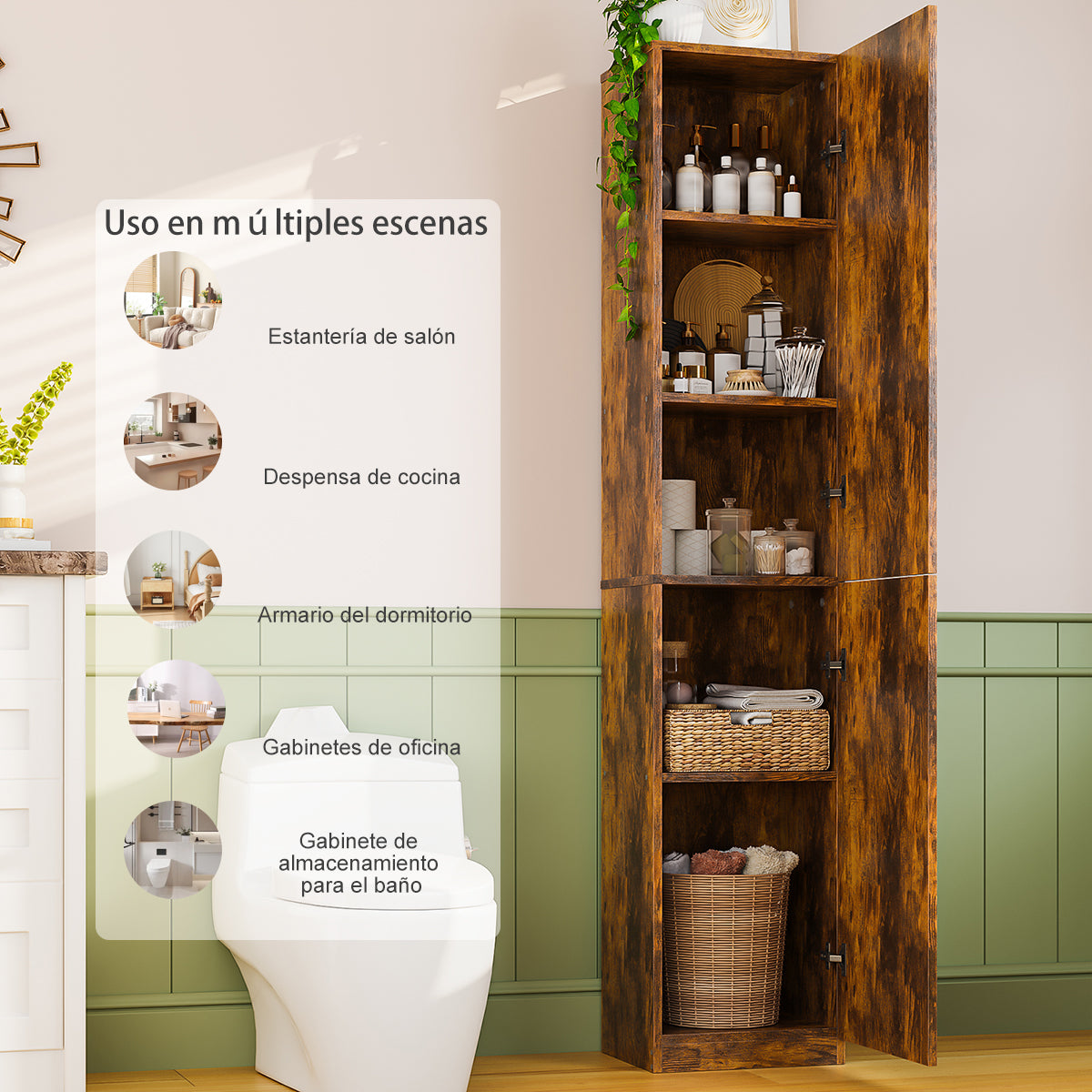 Gabinete Alto y Estrecho Multiusos con Puertas – 5 Compartimentos