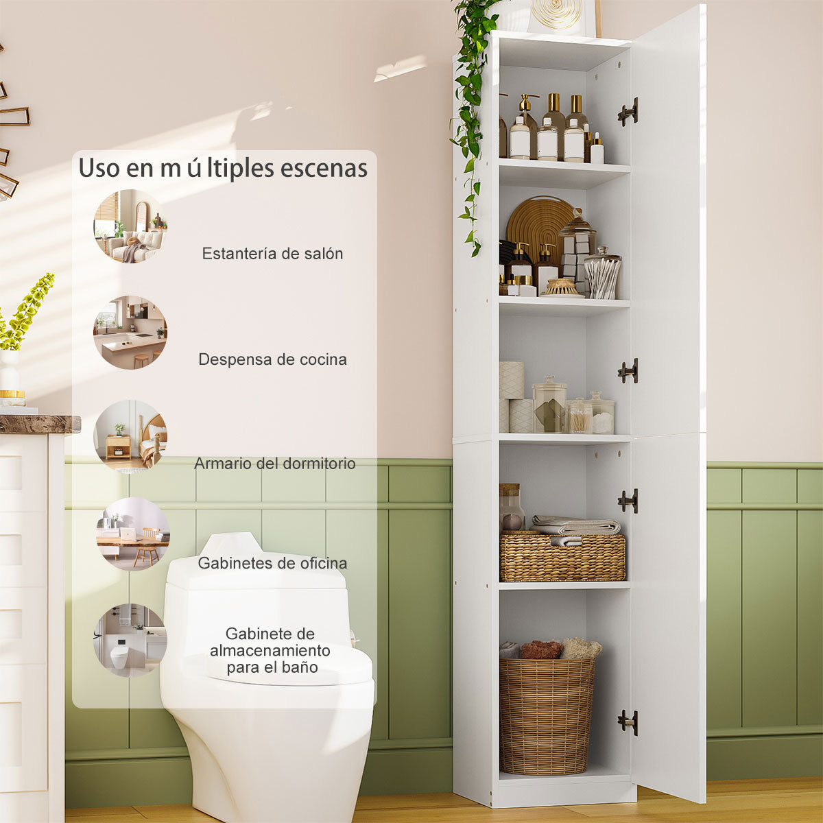 Gabinete Alto y Estrecho Multiusos con Puertas – 5 Compartimentos