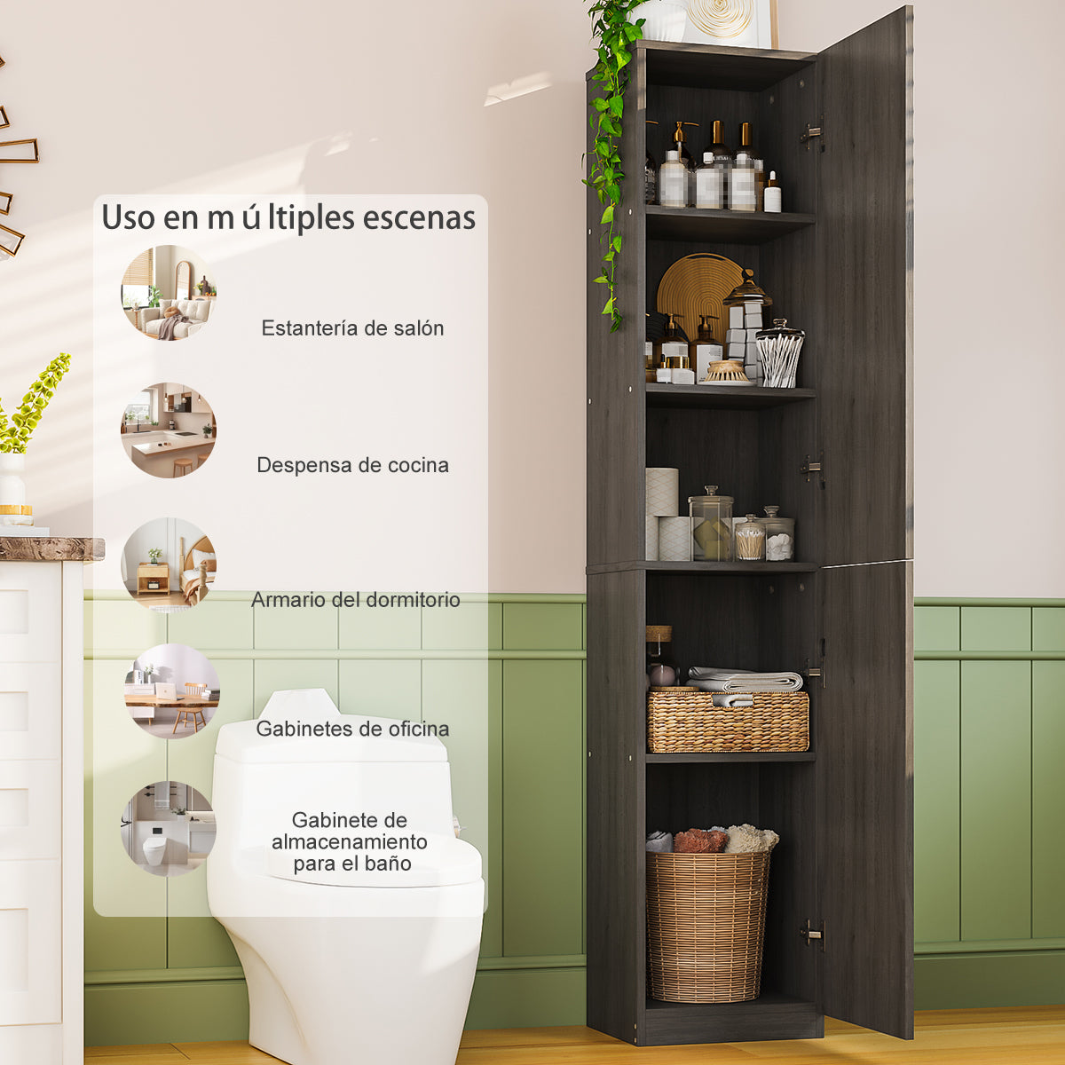 Gabinete Alto y Estrecho Multiusos con Puertas – 5 Compartimentos