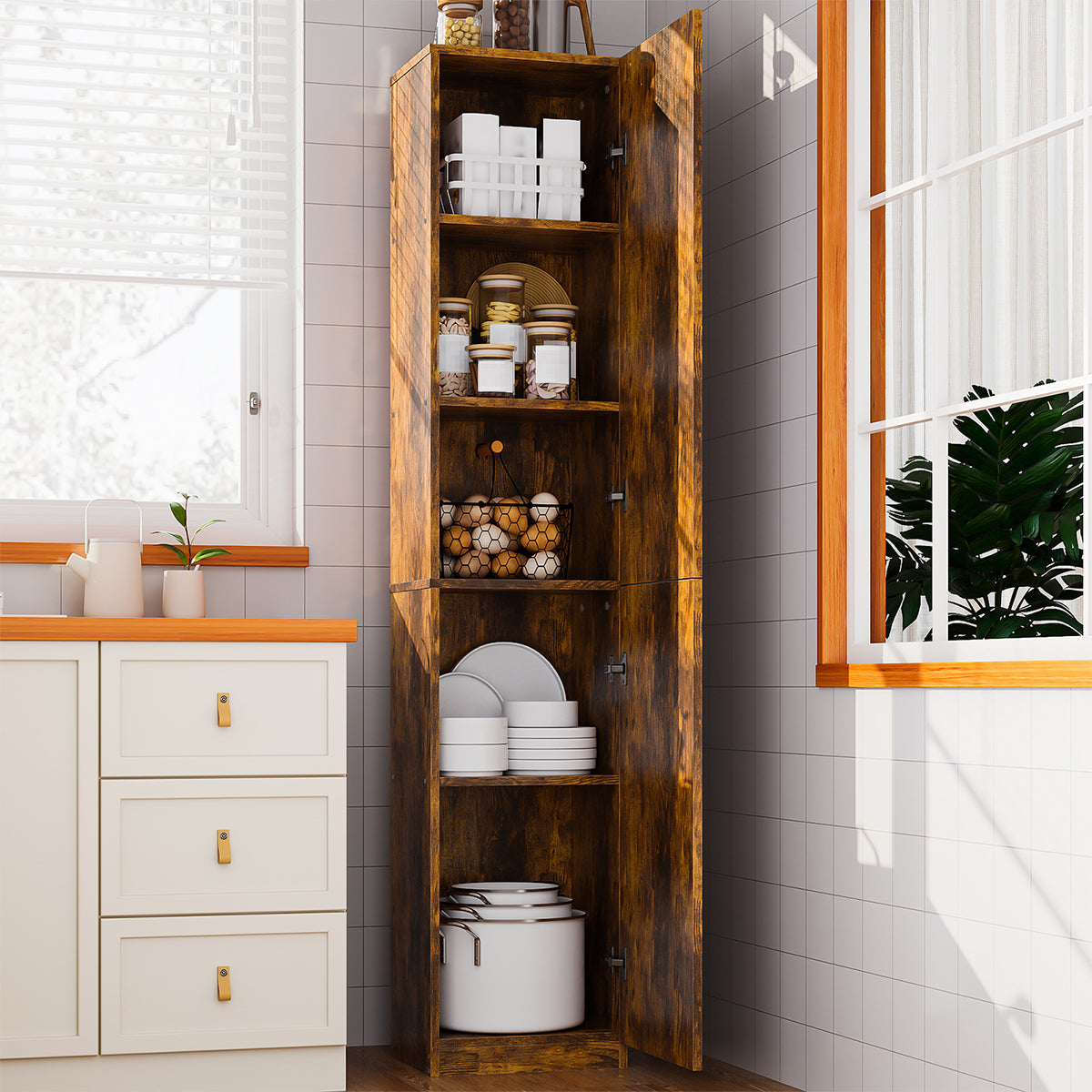 Gabinete Alto y Estrecho Multiusos con Puertas – 5 Compartimentos