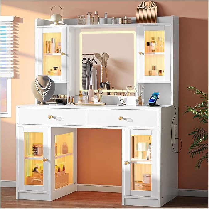Simple Hogar Tocador de Maquillaje con Espejo LED, 3 Modos de Luz, 2 Cajones y 4 Armarios, Tocador Vanity para Recámara con Regleta