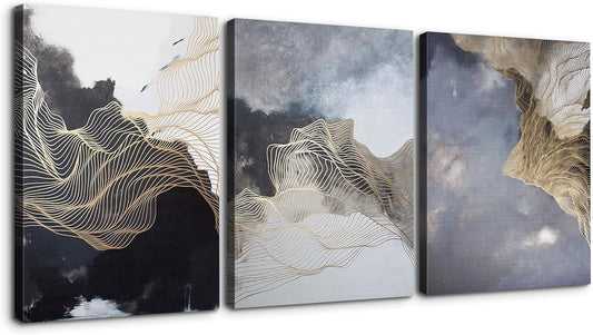 3 Panels Canvas Wall Art Abstract Golden Line Painting Artwork for Home Decor Stretched and Framed Ready to Hang - 24"x32"x3 Panels Wall Decoration