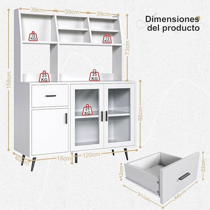 Alacena de Cocina Simple Hogar – Gabinete Multiusos con Puertas de Cristal Templado y Cajones de Madera, Compacto y Fácil de Instalar